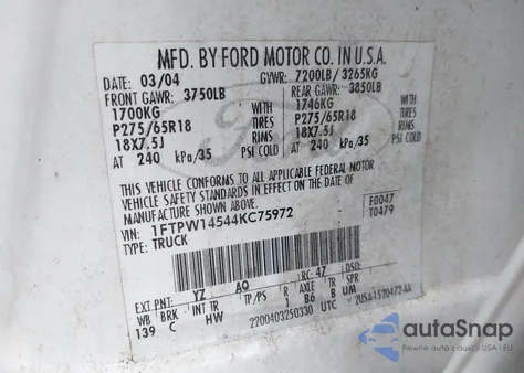 2004 Ford F-150 Fx4/Lariat/Xlt z USA, uszkodzony, nr VIN 1FTPW14544KC75972